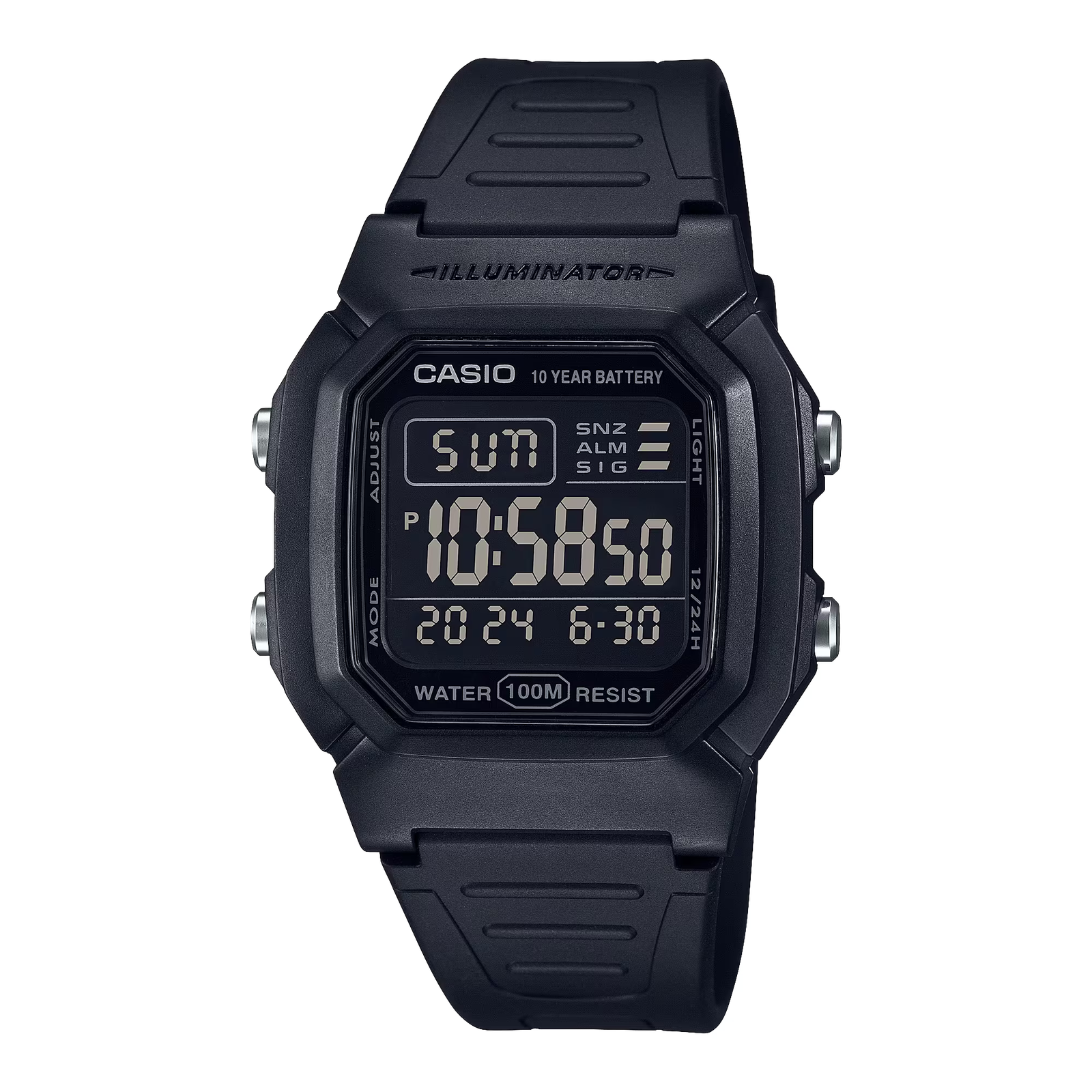 Classic Digital Watch w/ Blackout Dial, Dual Time & 5 Alarms