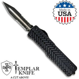 Herringbone Black 3 inch Dagger Black Oxide Powder D2 Serrated Edge Black Handle